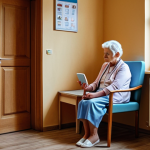 **

A cozy waiting room in a Latvian clinic. An elderly woman sits patiently, while a younger woman checks her phone. Sunlight streams through the window, illuminating a poster about telemedicine. The overall atmosphere is clean but slightly dated, reflecting the blend of public and private healthcare options. Emphasis on realistic details and natural lighting.

**