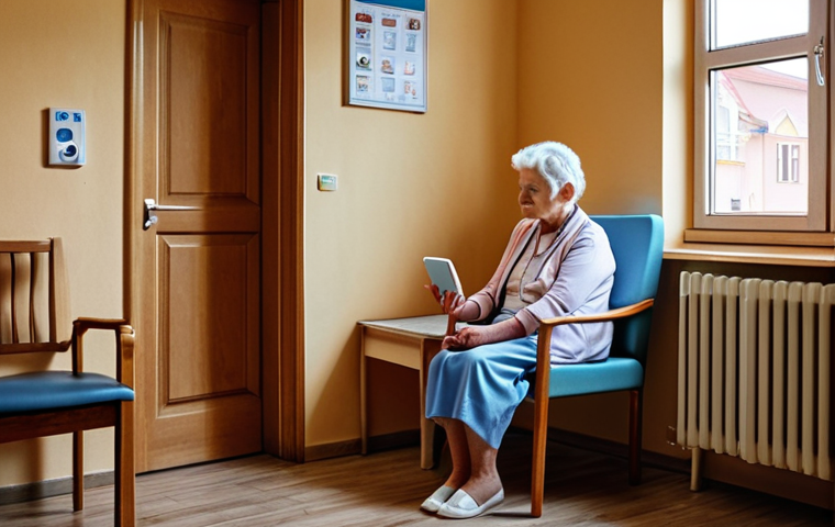 **
A cozy waiting room in a Latvian clinic. An elderly woman sits patiently, while a younger woman checks her phone. Sunlight streams through the window, illuminating a poster about telemedicine. The overall atmosphere is clean but slightly dated, reflecting the blend of public and private healthcare options. Emphasis on realistic details and natural lighting.
**