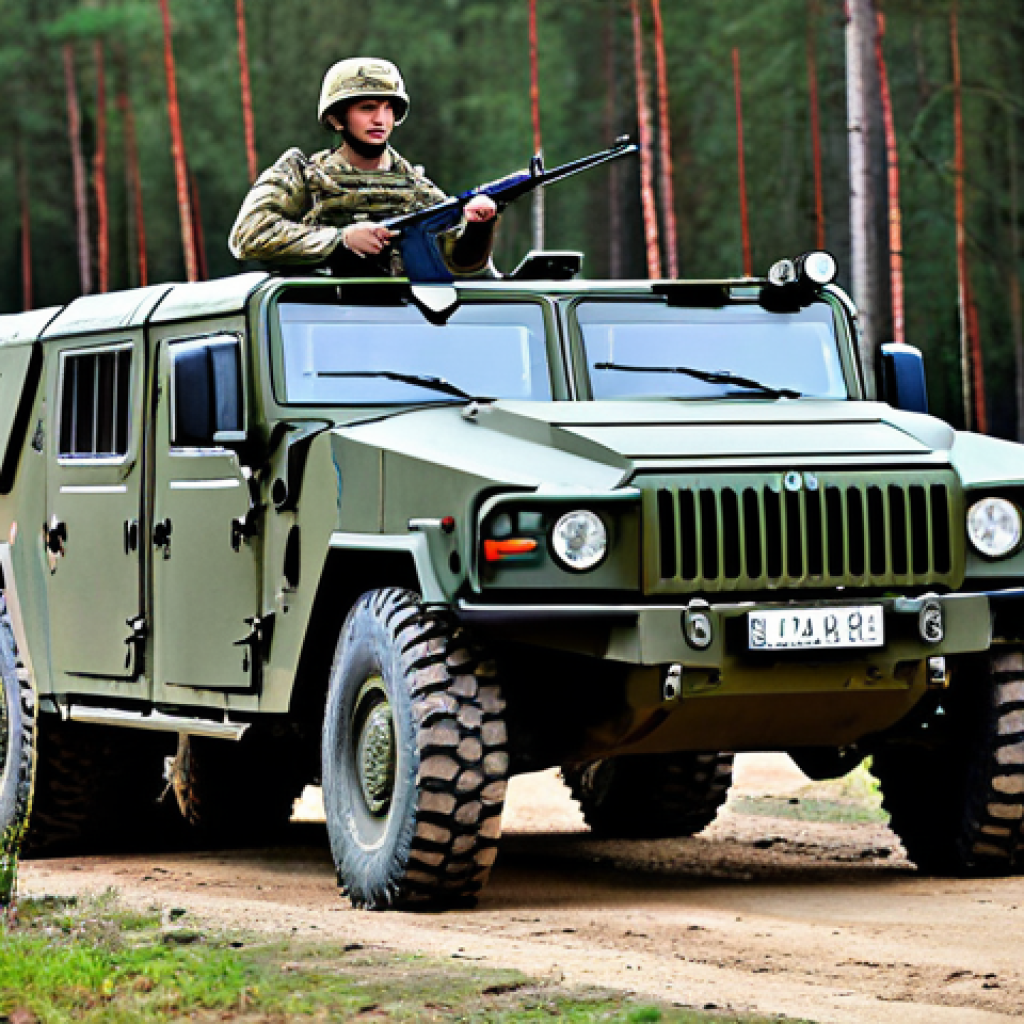 A professional group of Latvian soldiers in modern, modest military uniforms, actively participating in a joint NATO exercise outdoors. They are positioned on a rugged training ground with a modern armored vehicle partially visible in the background, surrounded by a dense forest. The scene captures dynamic teamwork and professional readiness. fully clothed, appropriate attire, professional dress, safe for work, appropriate content, professional, perfect anatomy, correct proportions, natural pose, well-formed hands, proper finger count, natural body proportions, high quality, realistic photography.