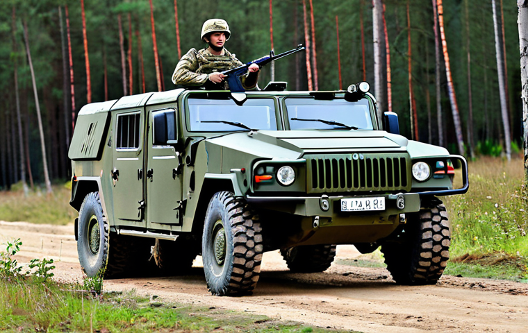 A professional group of Latvian soldiers in modern, modest military uniforms, actively participating in a joint NATO exercise outdoors. They are positioned on a rugged training ground with a modern armored vehicle partially visible in the background, surrounded by a dense forest. The scene captures dynamic teamwork and professional readiness. fully clothed, appropriate attire, professional dress, safe for work, appropriate content, professional, perfect anatomy, correct proportions, natural pose, well-formed hands, proper finger count, natural body proportions, high quality, realistic photography.