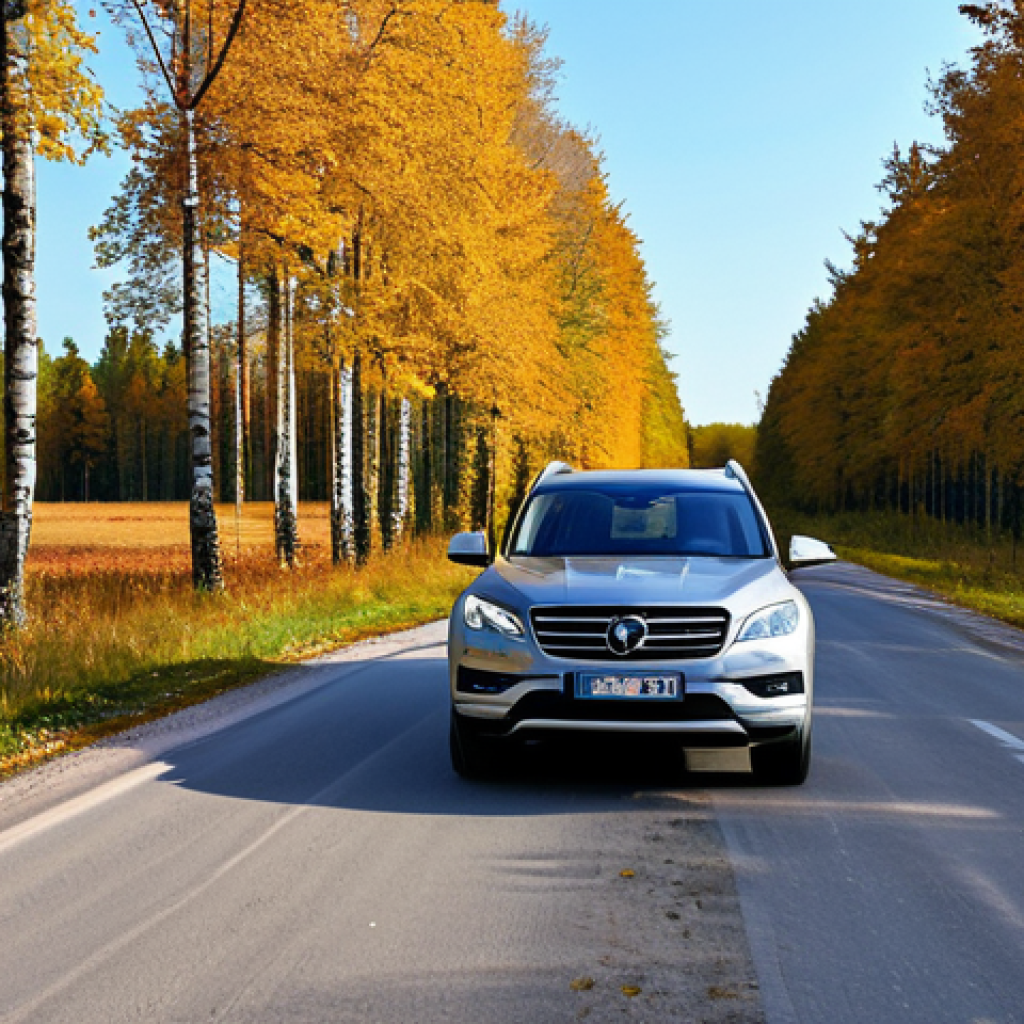 SUV on a Latvian Country Road**
"A silver SUV, fully clothed, appropriate attire, driving on a scenic country road in Latvia during autumn, golden leaves on the trees, safe for work, perfect anatomy, natural proportions, professional photography, vibrant colors, modest attire, family-friendly, clear sky."
**