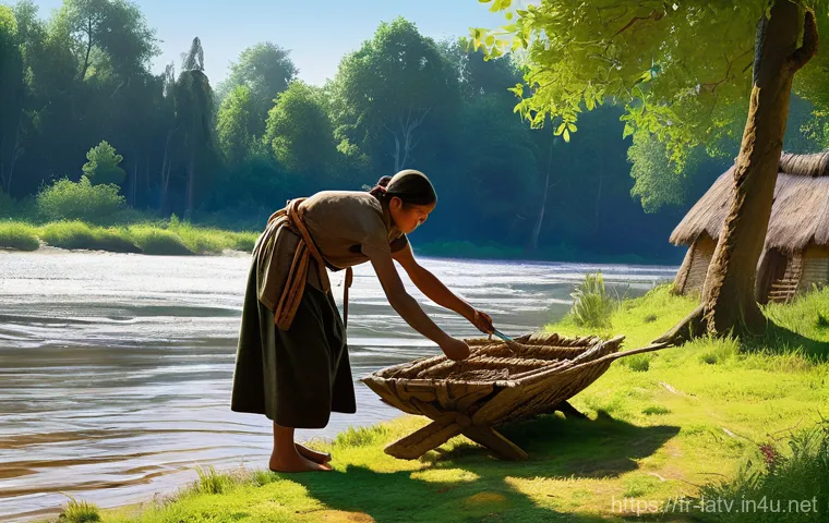 라트비아 발트 3국 역사 - **Prompt 1: Ancient Baltic Life by a River**
A serene, realistic digital painting depicting a sc...