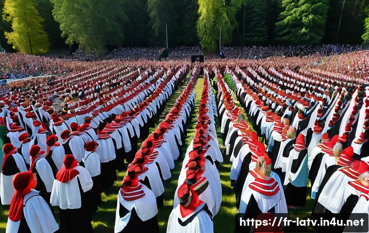 라트비아 음악 산업 - **A grand Latvian Song and Dance Festival.** Thousands of choir members, dressed in vibrant, intrica...